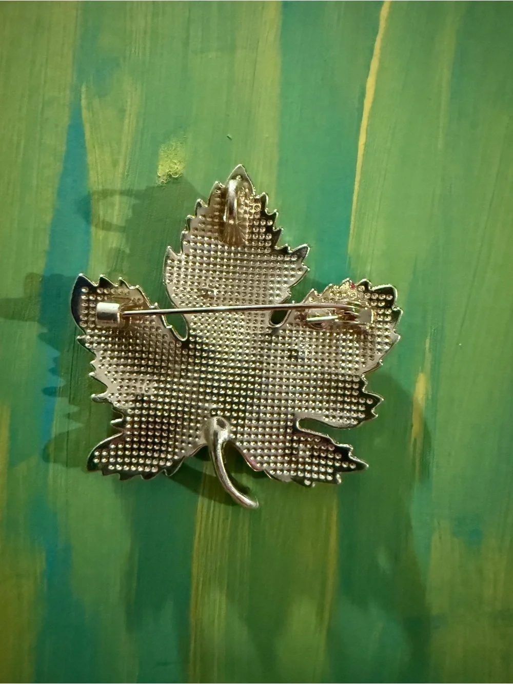 Magenta and Purple Enamel Maple Leaf Brooch with Rhinestones